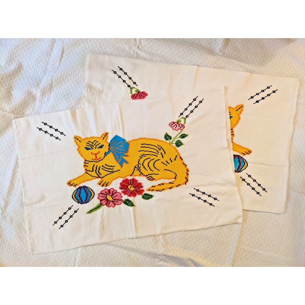 Vintage Mid-Century Needlepoint Cat & Flowers Pillowcases Handmade Pair Folk Art